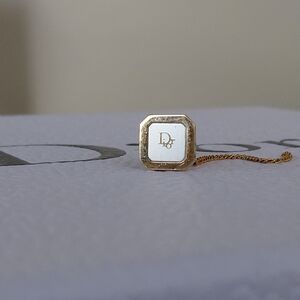 Dior Gold and White Square Tie Pin with 'D' Monogram